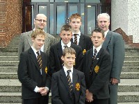The Second Year team that won The All Ireland Edmund Rice Cross Country
Championships in Dublin in May were congratulated by Mr. Barry Turley, Guest
Speaker and Mr. Dermot McGovem, Headmaster at the Achievement Prizegiving
Ceremony in the Abbey Christian Brothers' Grammar School. Included are Niall
McCartan, David Hudson, Ryan Hudson, Niall Daly and Andrew Fitzsimmons.